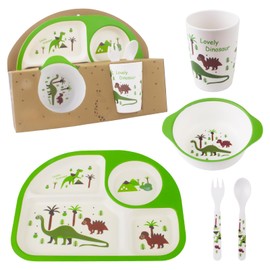 Kids Feeding Set 5 Pcs, Tableware Set for Toddlers Includes Plate Bowl Cup Fork and Spoon Utensil Flatware, Kids Flatware Set Dishwasher Safe, BPA Free (Dinosaur)