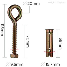 YoiYee M10 x 70mm Masonry Expansion Anchor Eye Bolt with Hex Nut, Yellow Zinc-Plated Steel Screw Eyeblot with Ring for Heavy Duty Fixing - 2 Pieces