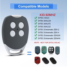 433.92 MHz Garage Door Opener, Pack of 2 Garage Door Remote Control Compatible with Ditec GOL4, BIXLG4, BIXLP2, BIXLS2, Handheld Transmitter for Garage Door Opener, 4 Channels