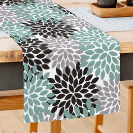 Dahlia Flowers Table Runner Linen 72 Inches Long,Floral Teal Grey Table Runner Kitchen Decor for Kitchen Coffee Dining Bedroom Living Room