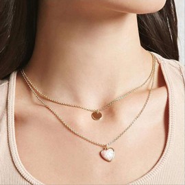 Chicque Dainty Layered Necklace Set Love Coin Necklace Chain Pendant Necklace Jewelry 2PCS for Women and Girls (Gold)
