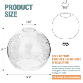 2 Pack Clear Seeded Glass Shades Globes, Glass Lamp Shade Covers Replacements for Light Fixtures, 1.65 Inch Fitter Transparent Lampshades for Chandelier Wall Sconces Vanity Lights Pendant Lights