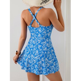 B2prity One Piece Swimdress Swimsuits for Women Tummy Control Swim Dress Cute Modest Skirt Bathing Suit, Blue White Flower, Small