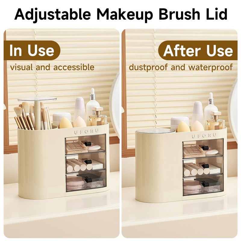 UFORU Makeup Organizer with Pop-Up Brush Holder for Dresser Vanity,