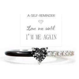 Love Me Until I'M Me Again Black Heart-Cut Half Enamel Ring, S925 Sterling Silver Heart Rings Self-Love Ring Gift, Heart Rings Birthday Gifts for Women, Daughter, Wife, Friends (Black, 8)