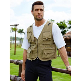Gihuo Men's Lightweight Casual Vest Outdoor Work Fishing Zipper Travel Vest (US, Alpha, Small, Regular, Regular, Khaki)