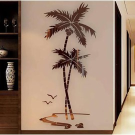 umely Wall Stickers Summer Palm Tree Tropical Stickers 3D Renewal Beach Wallpaper DIY Green Brown (Brown Left 59cmX25in)