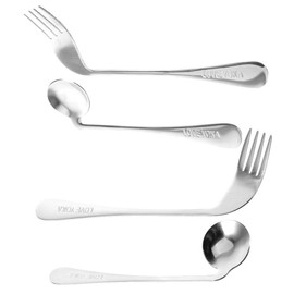 Curved Fork Spoon 4Pcs Right Left Handed Grip Easy Offset Spoon Fork Stainless Steel Angled Adaptive Utensils Parkinsons Cutlery for Hand Tremors Elderly Angled Spoons