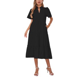 YEXPINE Women's V Neck Tiered Midi Dress Casual Short Sleeve Ruffle Flowy Summer Beach Vacation Long Dress Black