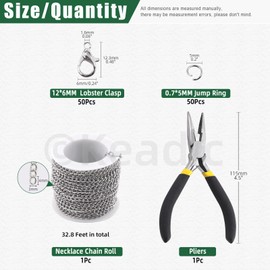 Keadic 102Pcs 30 Feet Jewelry Making Chains Kit W 3mm Metal Necklace Twisted Links Chain, Lobster Clasps, Open Jump Rings and Jewelry Pliers for Bracelet Earring Anklet DIY (White K)