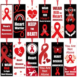 Haooryx Heart Disease Awareness Bookmarks - 120Pcs Wear Red for Heart Bookmarks with Ribbon Never Give Up Heart Disease Awareness Week Book Marks for Red Ribbon Week Awareness Seminar Handout Supplies