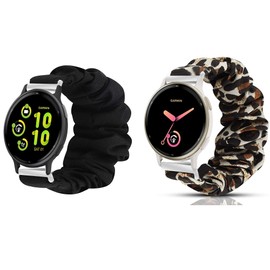 Blueshaweu 20mm Fabric Elastic Scrunchie Elastic Women Replacement Straps Compatible with Garmin vívoactive 5/Approach S12/S40/S42/D2 Air X10/Forerunner 245/55/645/Venu 2 Plus (Black+Leopard)