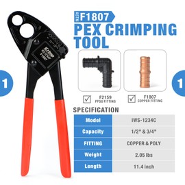 IWISS Combo Angle Head Pex Pipe Plumbing Crimping Tool for Copper Crimp Jaw Sets 1/2" & 3/4" with Go/No-Go Crimp Gauge