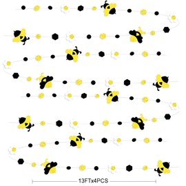 52Ft Bee Flower Circle Dot Garland Party Decorations Black Gold White Glitter Honeycomb Bumble Gender Reveal Streamers for Baby Shower Kids Birthday What Will It Bee Happy Bee Day Mom to Bee Parties