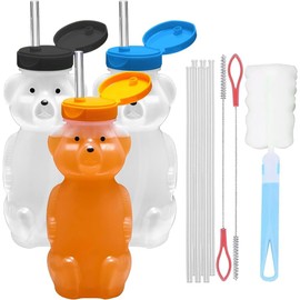 Vaso Entrenador para Bebé 3 Piezas - Reutilizables con 6 Popotes Flexibles y Limpiador,Diseño Osito Anti-derrames,sin BPA(Tapa Hermética, Ideal para T