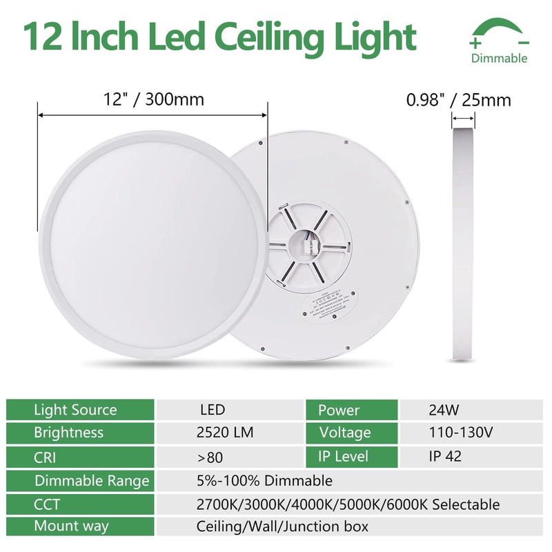 6PK Dimmable 12 Inch LED Flush Mount Ceiling Light, 24W,