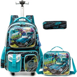 Egchescebo Kids Rolling Backpack for Boys Sand Buggy Suitcases Trolley Roller Luggage Backpacks on Wheels with Lunch Box Pencil Case for Elementary Multiple Function Pockets Travel school Bag Blue