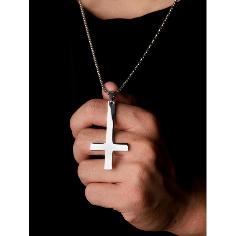 HAQUIL Inverted Cross Necklace for Men, Silver Plated Stainless Steel