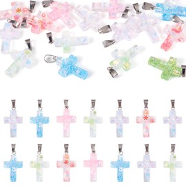 Boutigem 15Pcs Glow in The Dark Cross Charms Luminous Resin Sequins Crucifix Pendants with Silver Hook Colorful Cross Dangle Charms for DIY Crafts Necklace Keychain Hang Ornament Jewelry Making