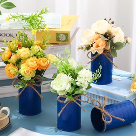 Domensi 4.33 Inch High Farmhouse Vase Decor Vintage Flower Vase with Twine Bow Rustic Galvanized Metal Buckets for Artificial Flowers for Table Centerpiece Weddings Home(Dark Blue,12 Pcs)