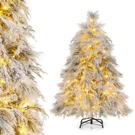 DORTALA Pre-Lit Snow Flocked Christmas Tree 4.5 FT, Hinged Artificial Xmas Tree with Stand, 279 Branch Tips, 150 Warm White LED Lights, Decoration Christmas Tree for Home Living Room, Shop & Office