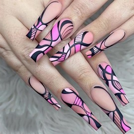 Press on Nails Long Coffin Acrylic Fake Nails Full Cover Graffiti Fake Nails with Glossy Swirl Designs Artificial Nails for Women and Girls 24pcs（Purple nails）…