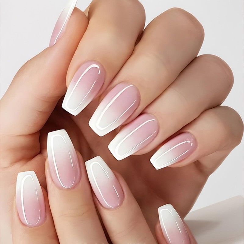 24 PCS Gradient French False Nails, Medium Length, French False