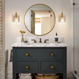 BELS 8 Inch Battery Operated Gold Wall Sconces Set of 2, Farmhouse Wall Lights Fixture with Clear Glass, Remote Control, Dimmable, Wall Sconces for Mirror, Bathroom, Bedroom