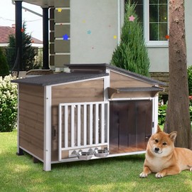 Dog House Outdoor for Large Breed with Anti-Chewing Iron Frame, Weatherproof Puppy Kennel with 360° Rotating Bowls, Dog Crate for Small & Medium Dogs Outside (Light Brown)