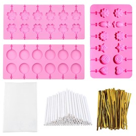 3 Pack Silicone Lollipop Molds, 12-Capacity Hard Candy Molds, Pink Gummy Molds with 100PCS Lollipop Sticks, 100PCS Gold Ties, 100PCS Candy Treat Bags, Chocolate Bar Mold for Candy, Jelly