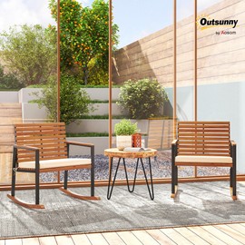Outsunny Outdoor Rocking Chair Set of 2, Acacia Wood Outdoor Rockers with Armrests, Cushion, Patio Wooden Rocking Chair Set for Garden, Balcony, Porch, 353 lbs. Capacity, Cream White