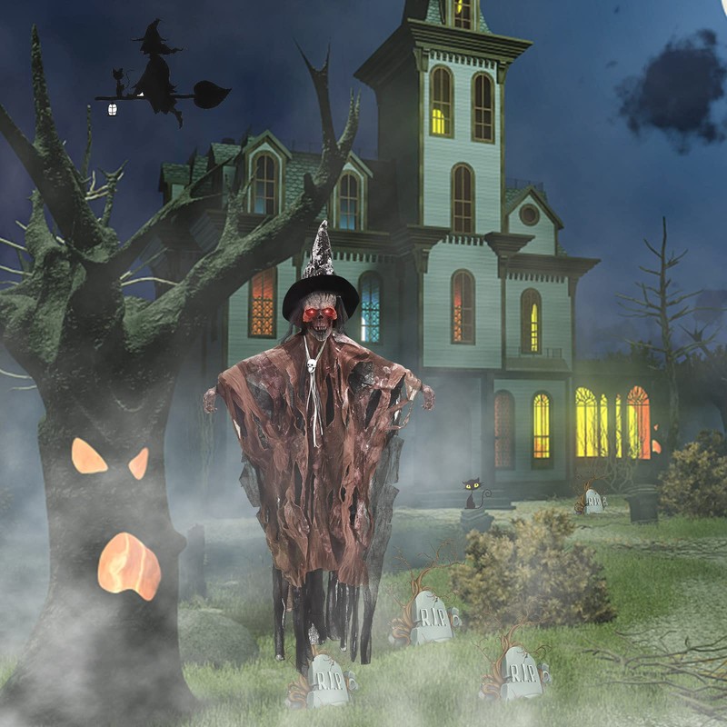 70CM Halloween Hanging Ghost Decoration with Glowing Eyes And Creepy