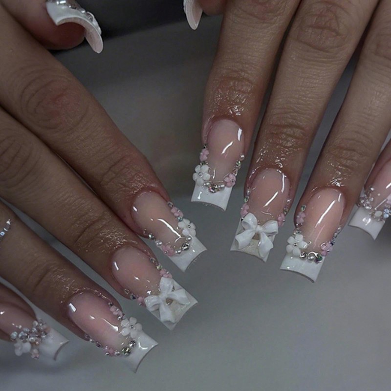 Uñas francesas postizas cuadradas cortas con cobertura total, diseño de