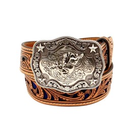 Mf Western Products Boys Brown Belt With Blue Inlay Scroll Brown 24