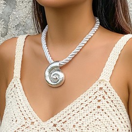 Gold Shell Necklace for Women Conch Shell Necklace Large Conch Necklace Beach Charm Necklace Shell Charm Necklace Boho SeaShell Pendant Necklace Summer Beach Jewelry Gift (06 silver)