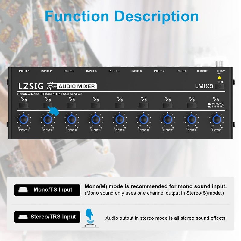 LZSIG Audio Mixer, Stereo Line Mixer for Sub-Mixing, Ultra Low-Noise,