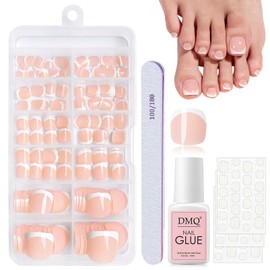 DMQ French Press on Nails for Toe, 120Pcs Square False Toenails Short, Nude Color French Tip Fake Toe Nails, Full Cover Stick on Toenails with Glue for Women Girls Nail Art Manicure Decorations