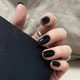 Pink Whisper Bow Press On Nails | CurvLife Nail | 24pcs Medium Oval Fake Nails | Glossy Finish with Soft Shine & Dainty Bow Detail | Easy to Apply, Comfortable & Long-Lasting | Ideal for Daily Commutes, Business Meetings, Banquets & Formal Events:_Obsidian Chic