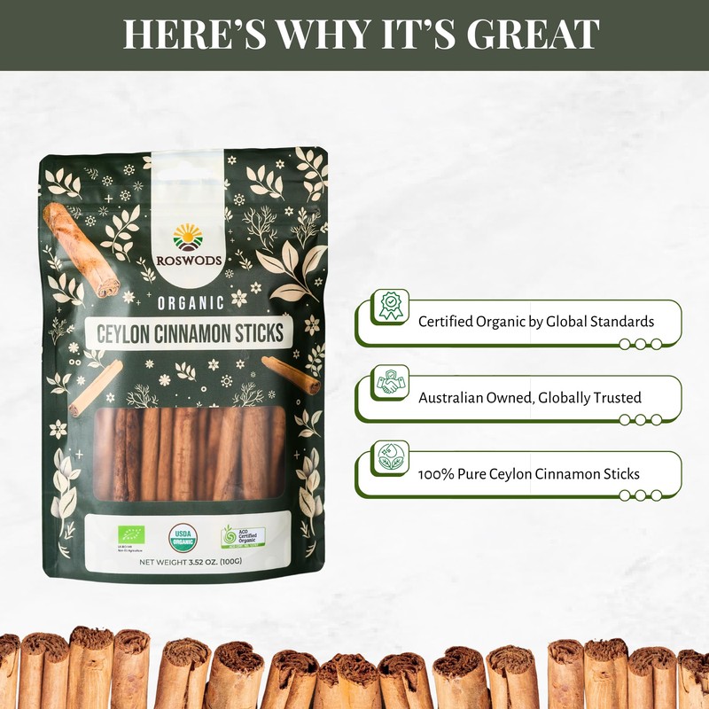 Roswods Australian Certified Pure Ceylon Organic Cinnamon Sticks –Pure Organic