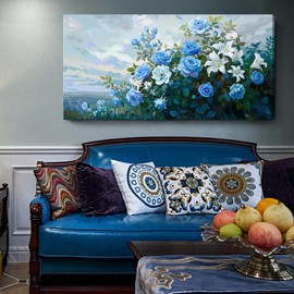 Nicetop Large Floral Canvas Wall Art - Modern Botanical Artwork Abstract Blue Rose White Lily Flower Bouquet Art Prints on Wrapped Canvas Nature Picture for Living Room Bedroom Home Decor 48x24 Inch