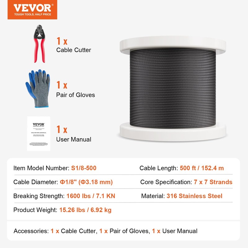 VEVOR 1/8 Black Stainless Steel Cable, 500 FT 316 Black