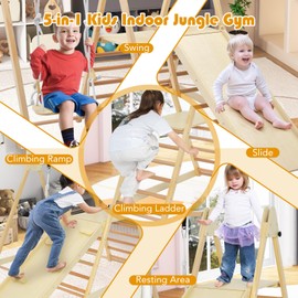 Costzon Indoor Jungle Gym, 5-in-1 Foldable Montessori Climbing Toys for Toddlers with Slide & Adjustable Swing, Climbing Ramp & Ladder, Resting Area, Wooden Playground Climber Playset for Kids Gifts