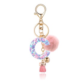QUKE Alphabet Initial Letter Keychain for Women Girls Resin Keyring for Purse School Bag With Pink Fur Ball Pom - C