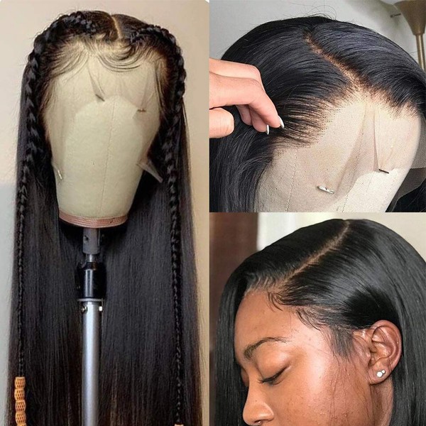 Wingirl Transparent Straight Lace Front Human Hair Wigs 13×4inch Lace Frontal Wig Pre Plucked with Baby Hair Natural Color (16inch, 220% denisty)