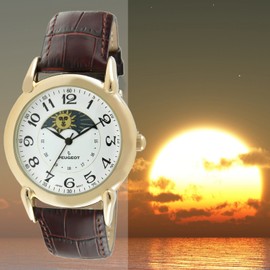 Peugeot Men's 14k Gold Plated Dress Watch - Vintage with Lunar Window and Crocodile-Embossed Leather Strap