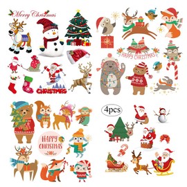 XMAS Patches Christmas Heat Transfer Iron on Appliques for Jackets T-Shirt Jeans Pillow Backpacks Clothes Decorations Sticker with Santa Claus Snowman Elk Animals Candies Trees Design 4PCS Party Favor