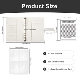 AMONENZ Budget Binder, A5 Ring Binder Economy Planner, White Leather Budget Planner A5, Economy Challenge Budget Planner with 100 Envelopes, for Home, School and Office