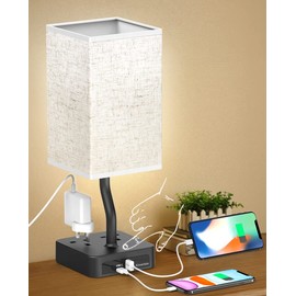 Alimentata Bedside Table Lamp, Touch Control Nightstand Bedroom Lamp with USB C & USB A Charging Ports, 2 Way Outlets, Minimalist Brown Fabric LED Desk Night Light for Living Room Office