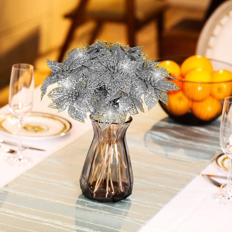 Boao 24 Pieces Glitter Poinsettia Christmas Tree Ornament Christmas Flowers