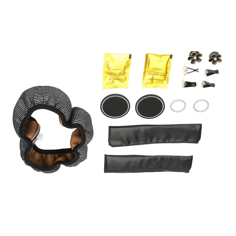 Bling Car Accessories Set Rhinestone Steering Wheel Cover Coaster Starter